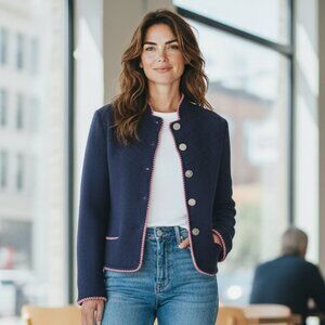 VTG Bayern-Walk Pure Boiled Wool Cardigan Jacket Navy Blue & Pink M #260C